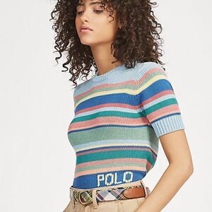 Polo Ralph Lauren Sky Blue Sun Bleached Multi Stripe Short Sleeve Sweater